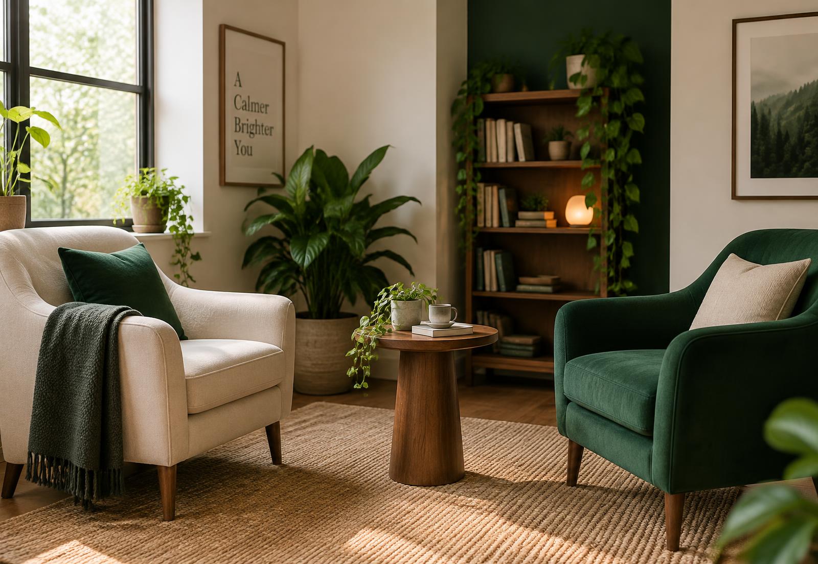 A calm counselling room with two armchairs and plants